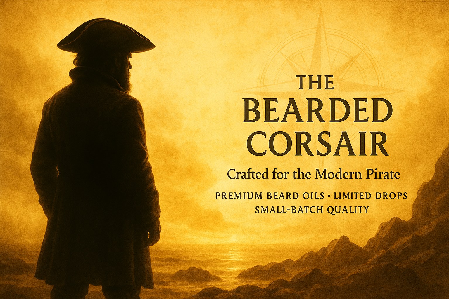 Silhouette of a pirate with 'The Bearded Corsair' branding on a golden background
