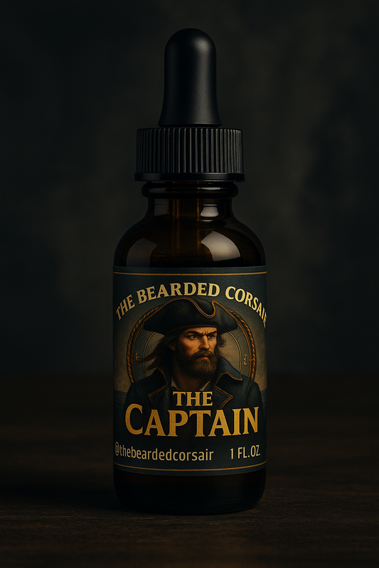 "The Captain beard oil by The Bearded Corsair, featuring a bearded pirate on a vintage label, displayed on dark wood