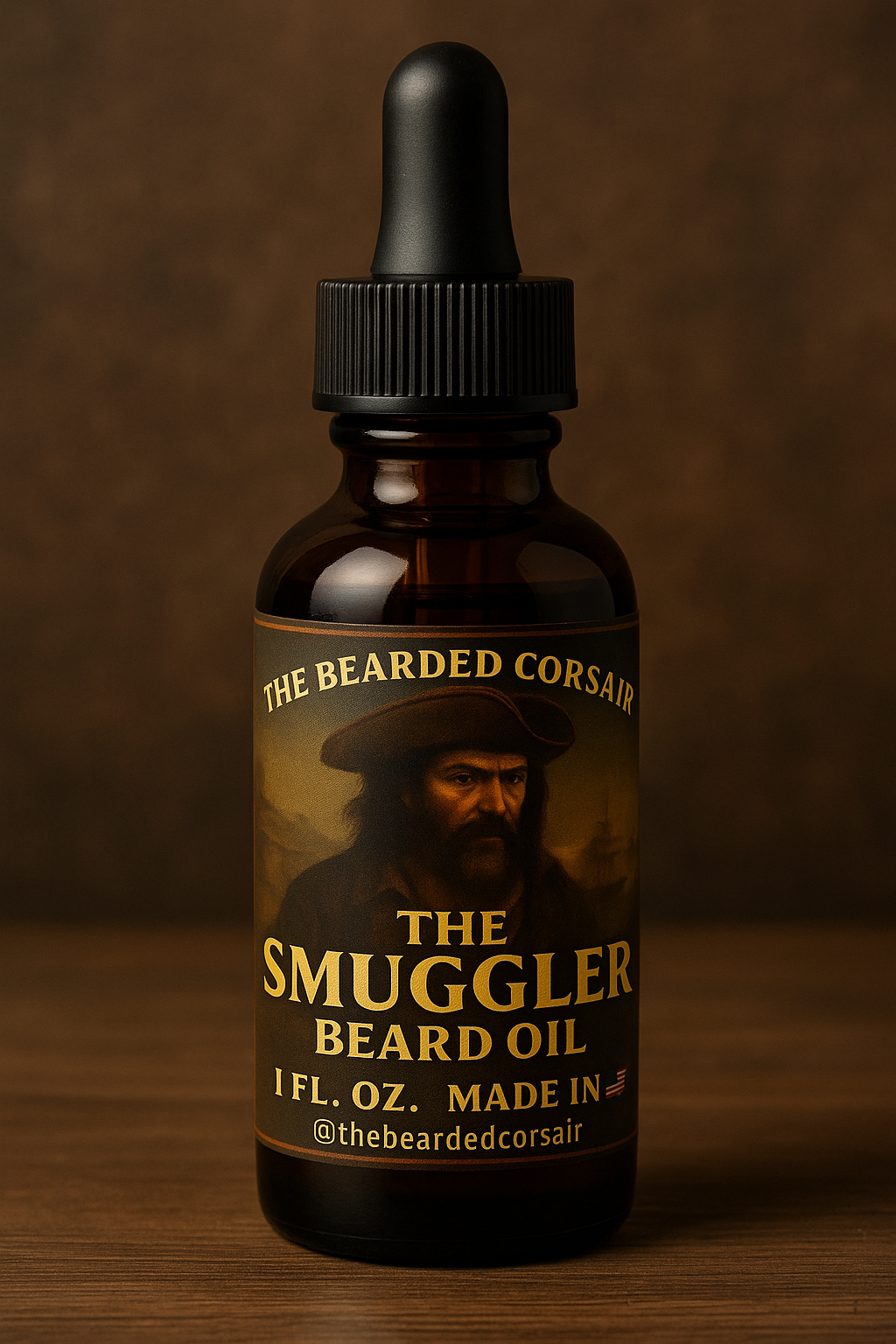 The Smuggler beard oil by The Bearded Corsair, showing a hooded pirate with tobacco leaves and a glowing pipe